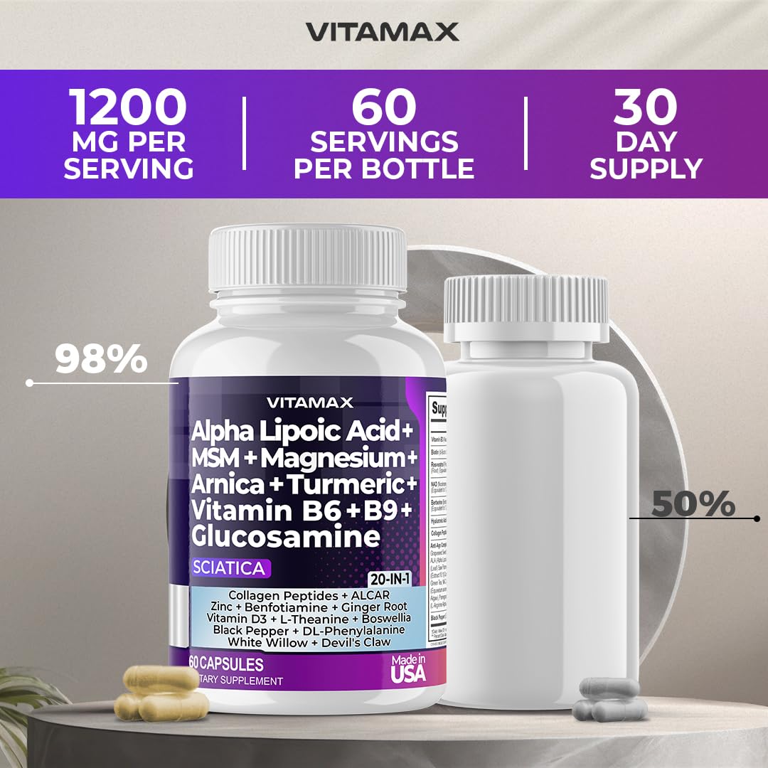 Sciatic Nerve Health Support - Sciatic Nerve Supplement Capsules with Folic Acid, Pea, Glucosamine, MSM, Vitamin B Complex, Alpha Lipoic Acid 300mg – 60ct – Made in USA - dailyvitalstore