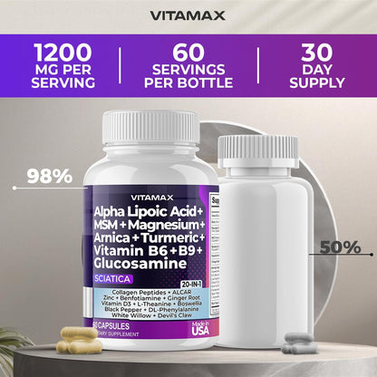 Sciatic Nerve Health Support - Sciatic Nerve Supplement Capsules with Folic Acid, Pea, Glucosamine, MSM, Vitamin B Complex, Alpha Lipoic Acid 300mg – 60ct – Made in USA - dailyvitalstore