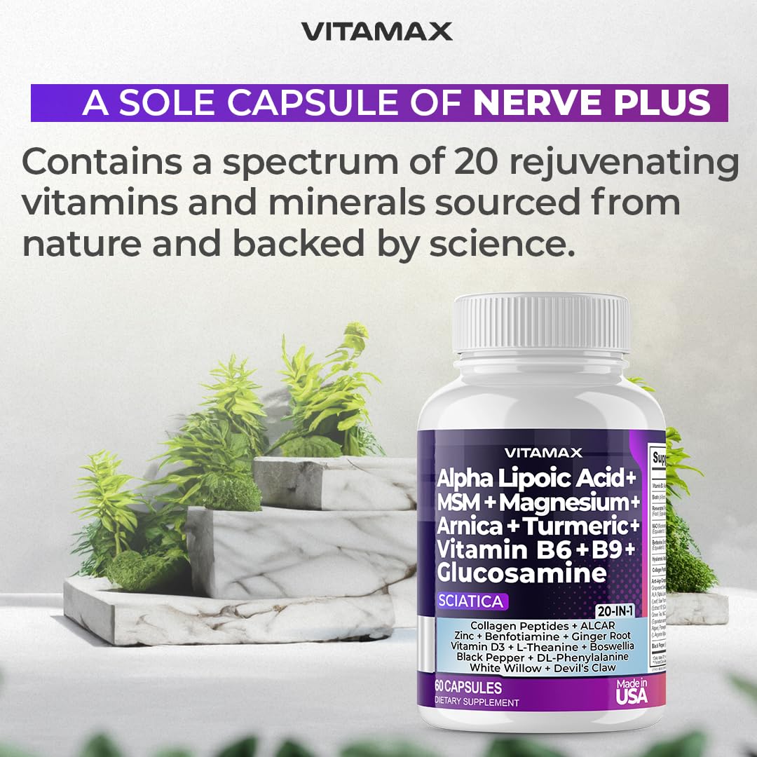 Sciatic Nerve Health Support - Sciatic Nerve Supplement Capsules with Folic Acid, Pea, Glucosamine, MSM, Vitamin B Complex, Alpha Lipoic Acid 300mg – 60ct – Made in USA - dailyvitalstore