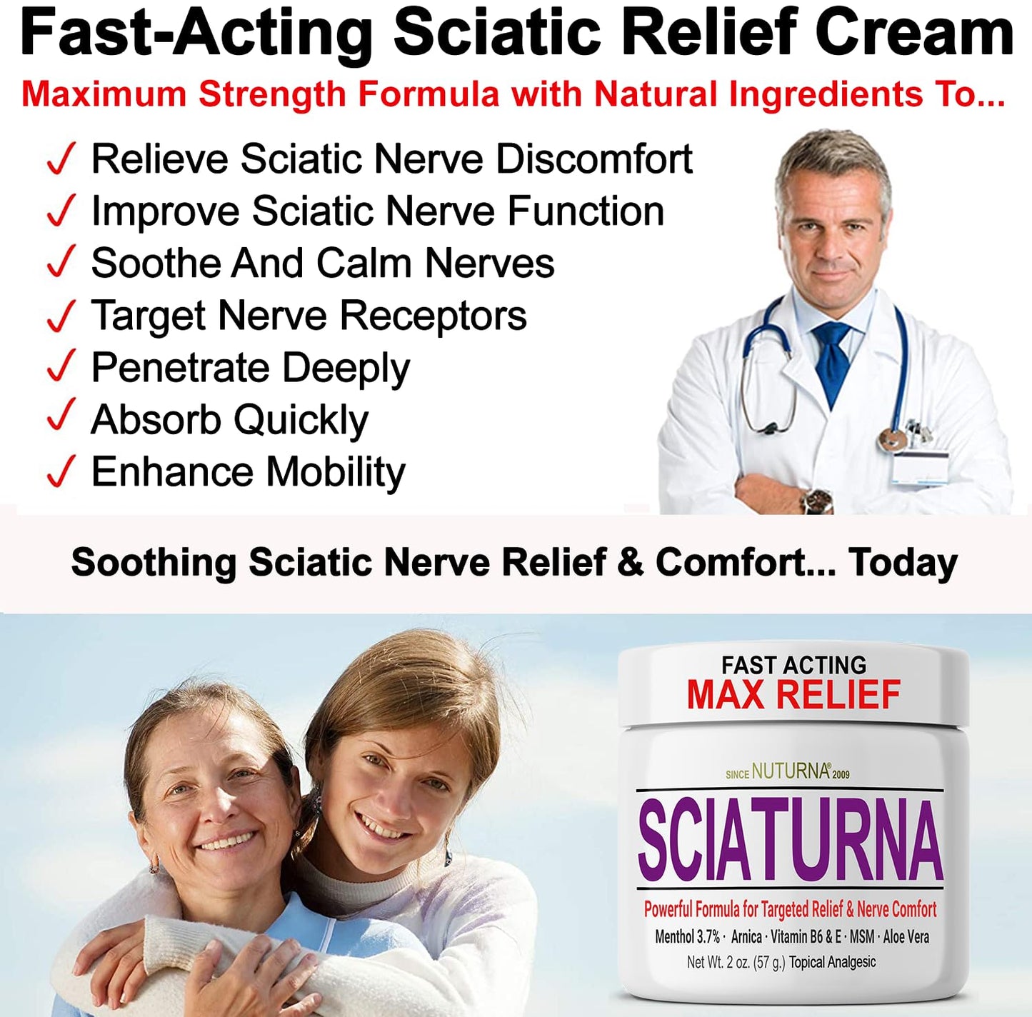 Sciatica Nerve Cream - Maximum Strength Comfort Cream for Feet, Hands, Legs, Toes, Back - Natural Ultra Strength Arnica, MSM, Menthol, Soothing Comfort, 2 Oz - dailyvitalstore