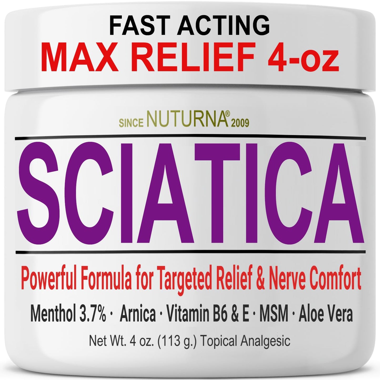 Sciatica Nerve Cream - Maximum Strength Comfort Cream for Feet, Hands, Legs, Toes, Back - Natural Ultra Strength Arnica, MSM, Menthol, Soothing Comfort, Large 4 Oz - dailyvitalstore