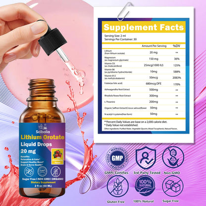 Scibalia Lithium Orotate Liquid Drops 20mg, Potency 11-in-1 Lithium Supplement w. NAC Magnesium Ashwagandha Theanine Vitamin D3 B6 B12 for Memory Brain Mood Cognitive Support, - dailyvitalstore