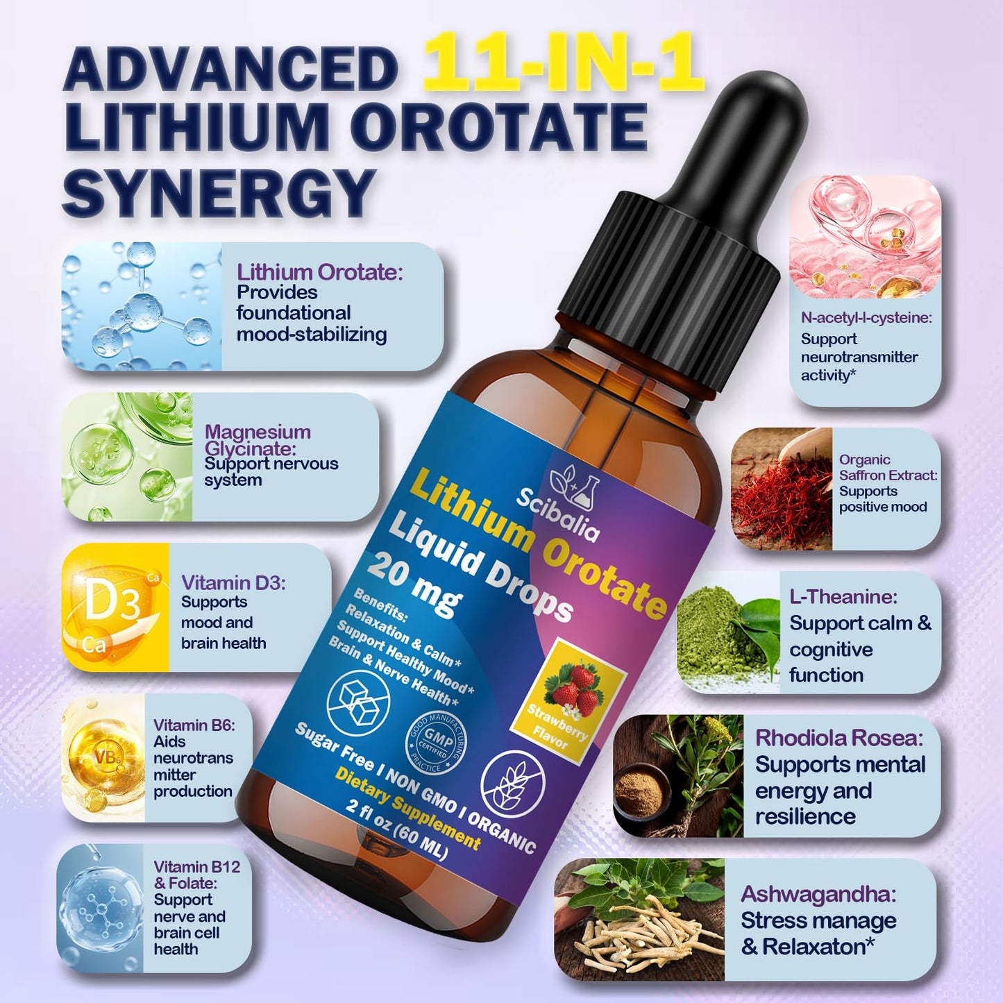 Scibalia Lithium Orotate Liquid Drops 20mg, Potency 11-in-1 Lithium Supplement w. NAC Magnesium Ashwagandha Theanine Vitamin D3 B6 B12 for Memory Brain Mood Cognitive Support, - dailyvitalstore