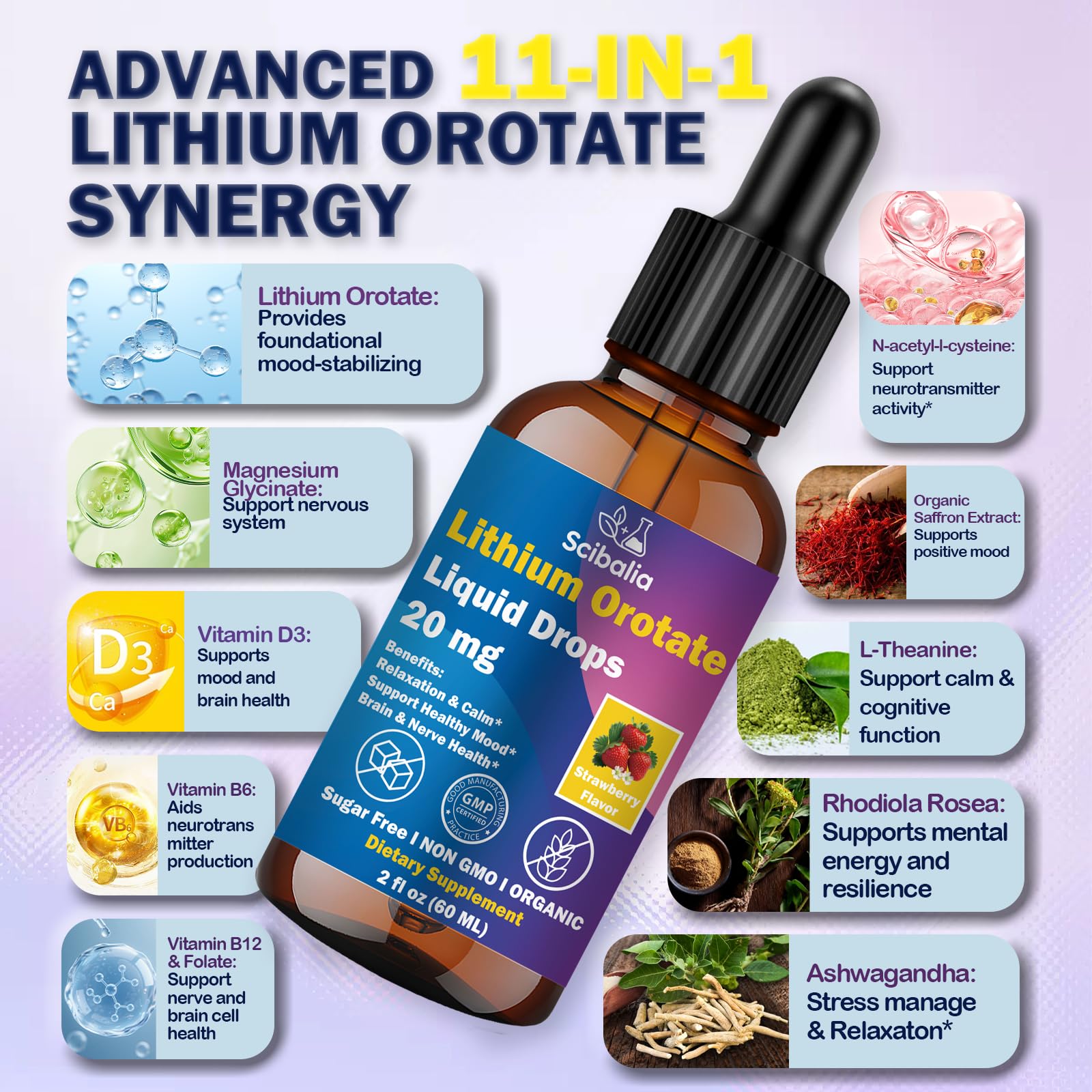 Scibalia Lithium Orotate Liquid Drops 20mg, Potency 11-in-1 Lithium Supplement w. NAC Magnesium Ashwagandha Theanine Vitamin D3 B6 B12 for Memory Brain Mood Cognitive Support, - dailyvitalstore
