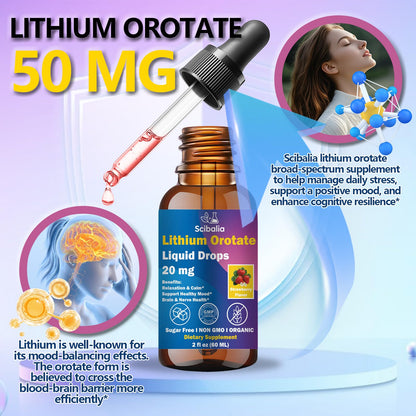 Scibalia Lithium Orotate Liquid Drops 20mg, Potency 11-in-1 Lithium Supplement w. NAC Magnesium Ashwagandha Theanine Vitamin D3 B6 B12 for Memory Brain Mood Cognitive Support, - dailyvitalstore