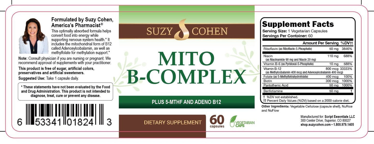 Script Essentials Suzy Cohen, Mito B Complex Dietary Supplement, 5-MTHF, Adeno B12, Methylation Support, Supports Healthy Nervous System - dailyvitalstore