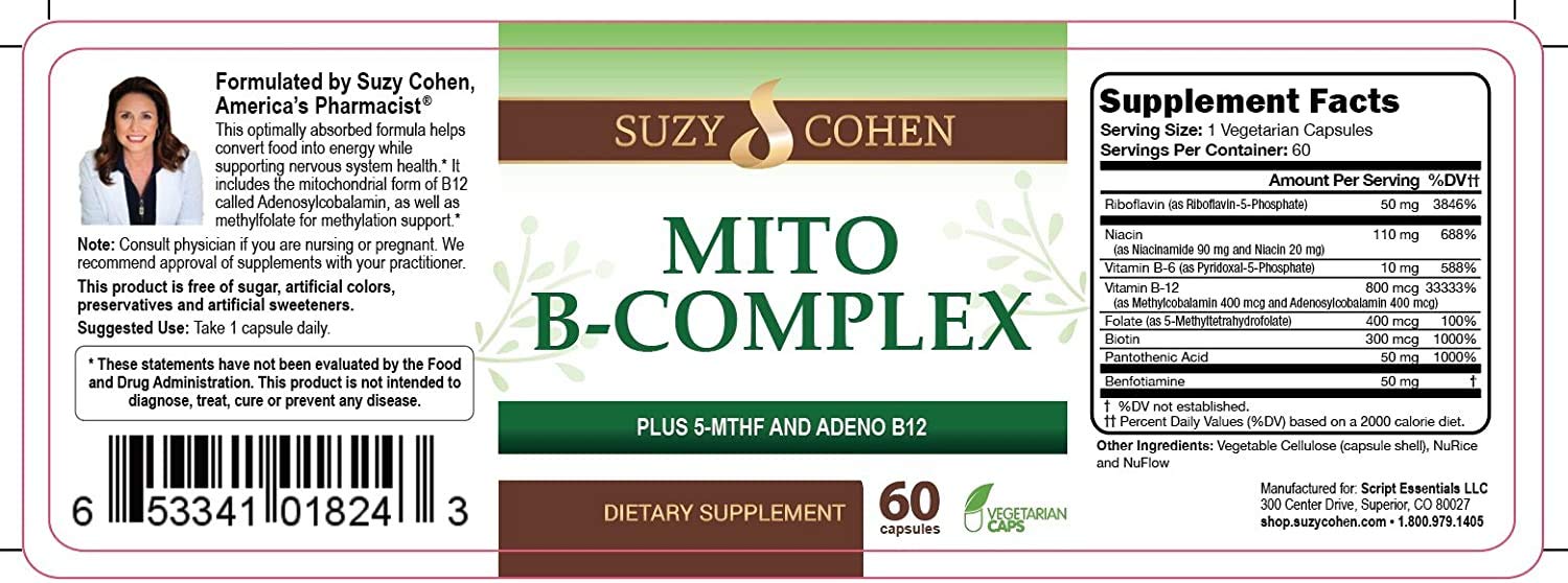 Script Essentials Suzy Cohen, Mito B Complex Dietary Supplement, 5-MTHF, Adeno B12, Methylation Support, Supports Healthy Nervous System - dailyvitalstore