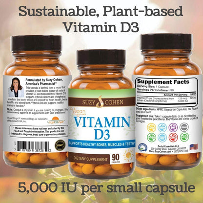 Script Essentials Vegan Vitamin D3 5,000 IU for Healthy Muscle Function, Bone Health, and Immune Support - Non-GMO, Gluten Free and Kosher Certified - 90 Servings - dailyvitalstore