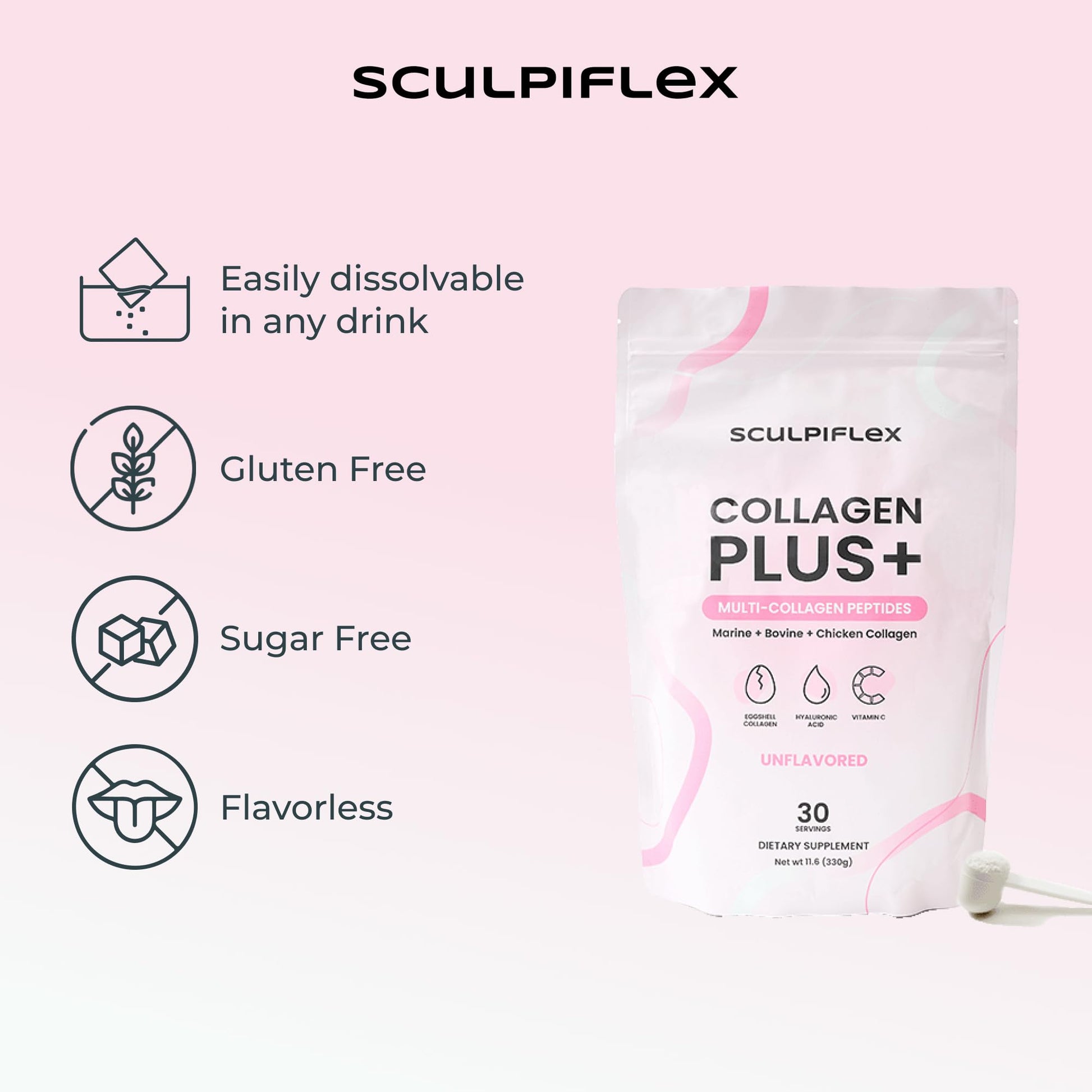 Sculpiflex Hydrolyzed Collagen Peptides Powder, Marine, Bovine, and Chicken Unflavored Multi Collagen Complex for Women, Firms Skin and Boosts Elasticity, Hydrating with Hyaluronic Acid (30 Servings) - dailyvitalstore
