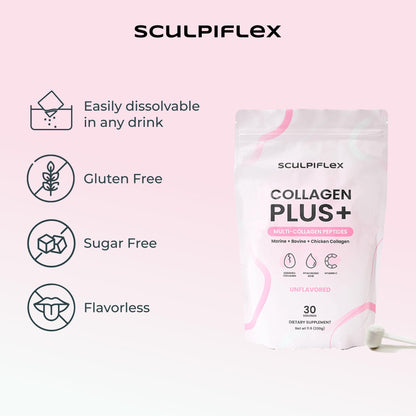 Sculpiflex Hydrolyzed Collagen Peptides Powder, Marine, Bovine, and Chicken Unflavored Multi Collagen Complex for Women, Firms Skin and Boosts Elasticity, Hydrating with Hyaluronic Acid (30 Servings) - dailyvitalstore