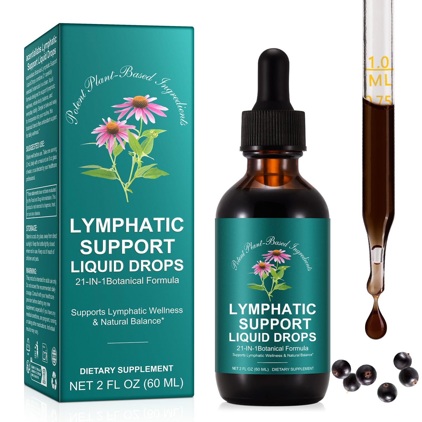 SDJUFEI 21-in-1 Lymphatic Drainage Drops， Lymphatic Support Liquid Drops with Turmeric, Echinacea, Elderberry & Dandelion, for Women & Men, 2 fl oz - dailyvitalstore