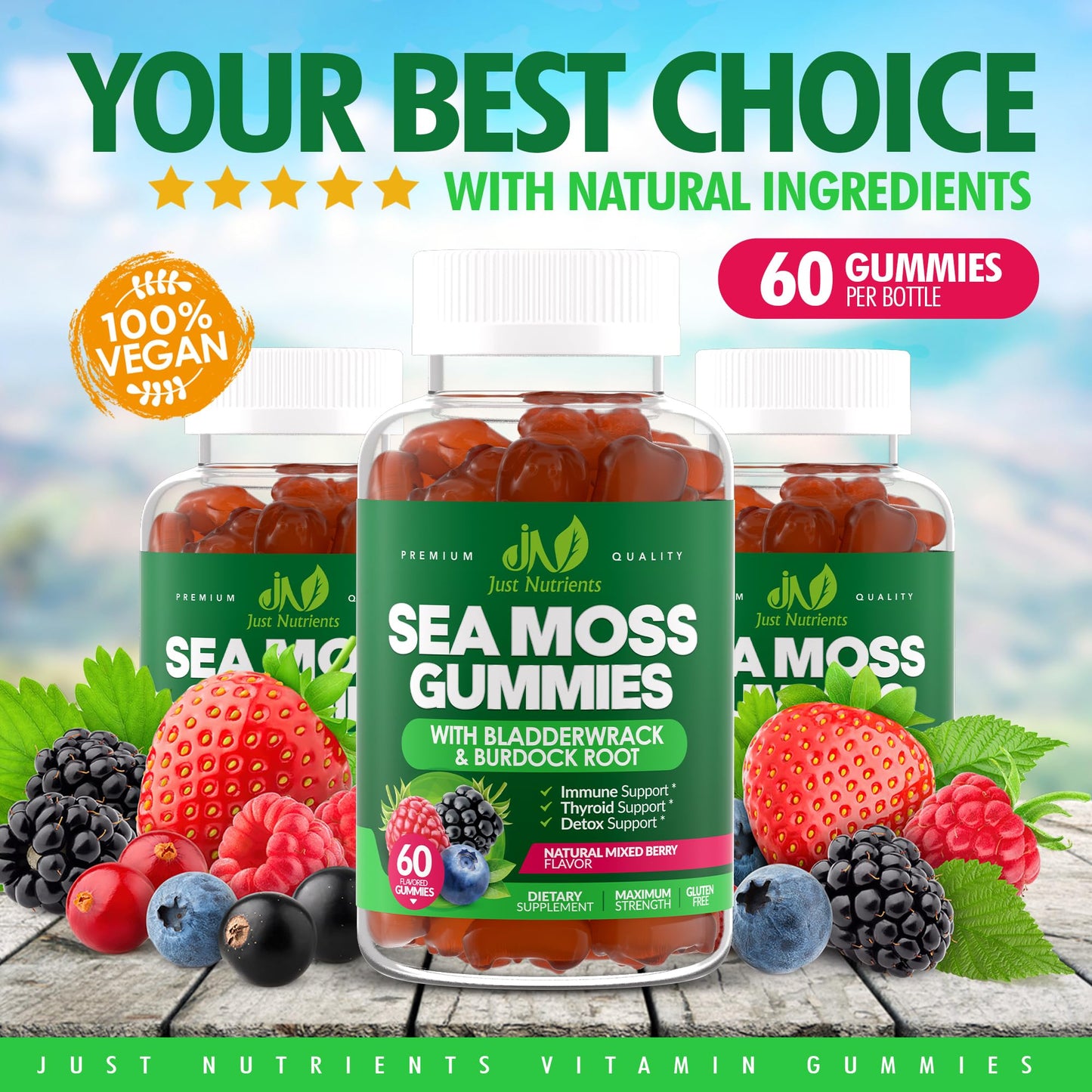 Sea Moss 3000mg Gummies with Bladderwrack and Burdock Root - Natural Irish Sea Moss Superfood for Immune, Thyroid and Detox Support - Extra Strength - dailyvitalstore