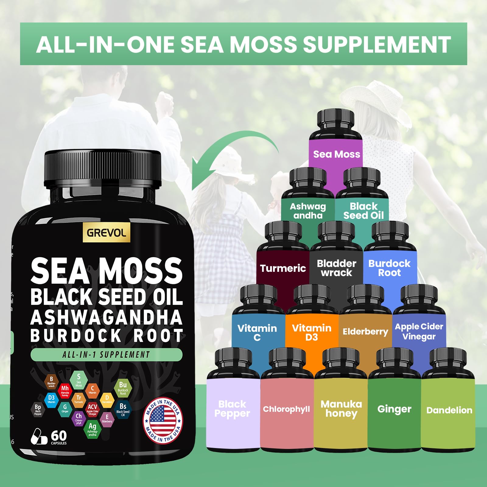 Sea Moss Black Seed Oil Ashwagandha Bladderwrack Burdock Root Turmeric & Vitamin C D3 Elderberry ACV Black Pepper - Multimineral Supplement - 60 Count - dailyvitalstore