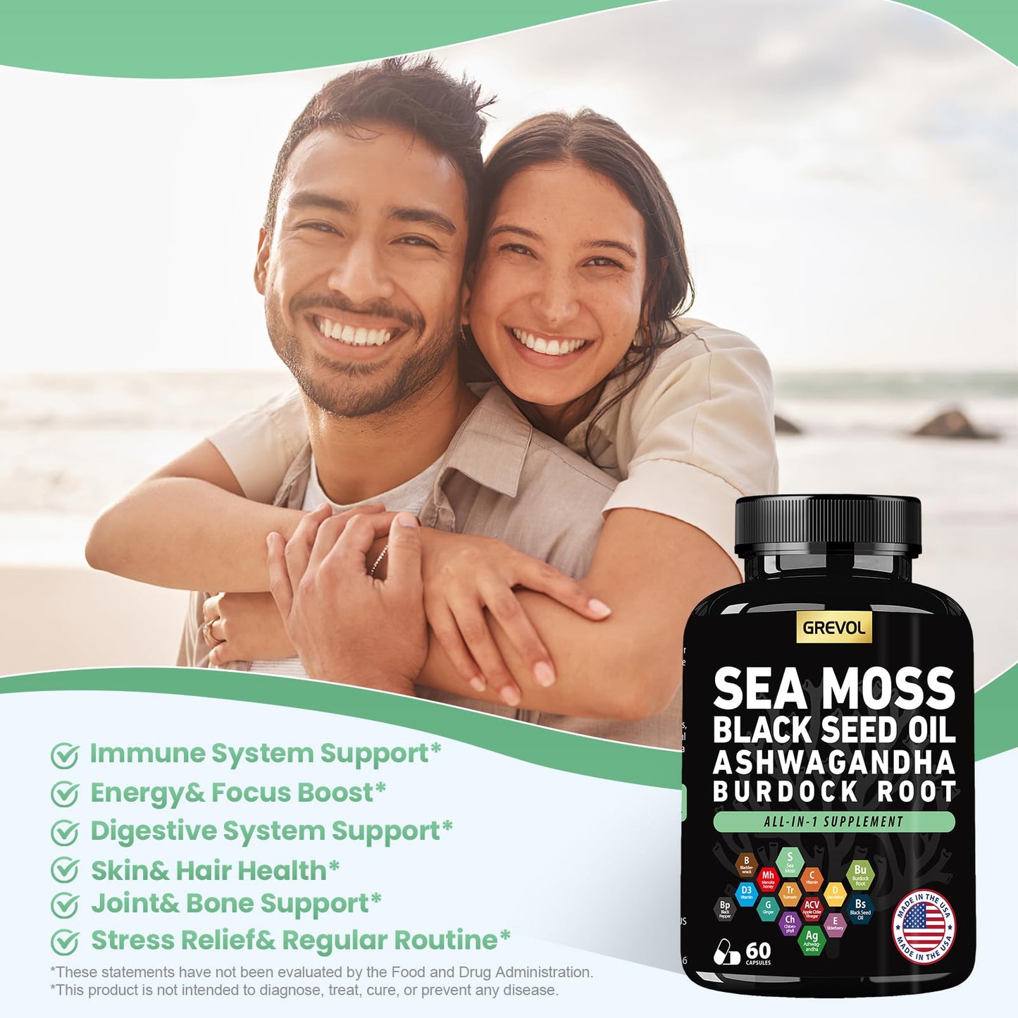 Sea Moss Black Seed Oil Ashwagandha Bladderwrack Burdock Root Turmeric & Vitamin C D3 Elderberry ACV Black Pepper - Multimineral Supplement - 60 Count - dailyvitalstore