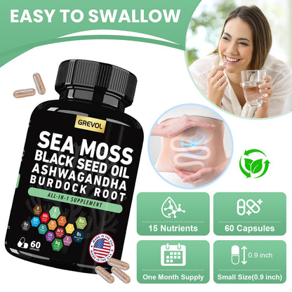 Sea Moss Black Seed Oil Ashwagandha Bladderwrack Burdock Root Turmeric & Vitamin C D3 Elderberry ACV Black Pepper - Multimineral Supplement - 60 Count - dailyvitalstore