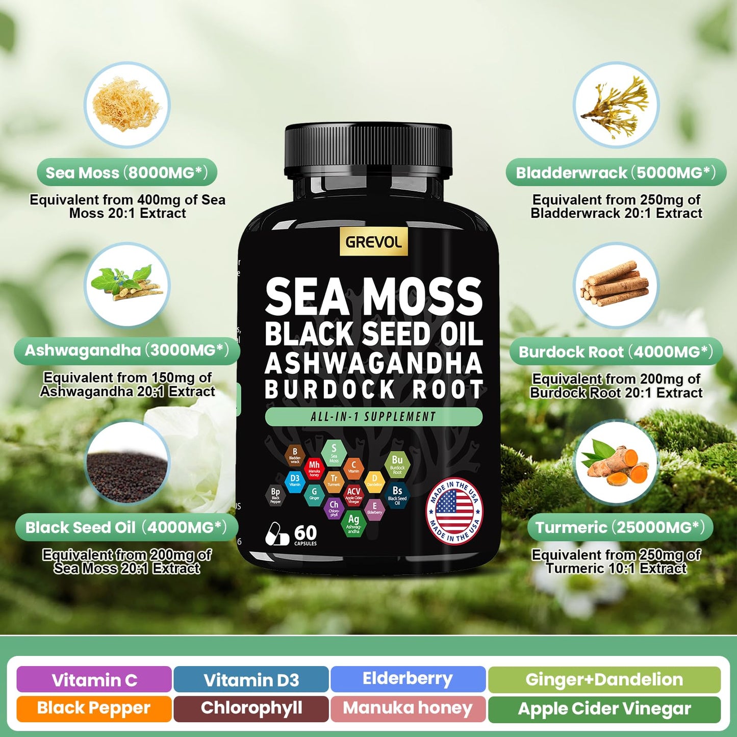 Sea Moss Black Seed Oil Ashwagandha Bladderwrack Burdock Root Turmeric & Vitamin C D3 Elderberry ACV Black Pepper - Multimineral Supplement - 60 Count - dailyvitalstore