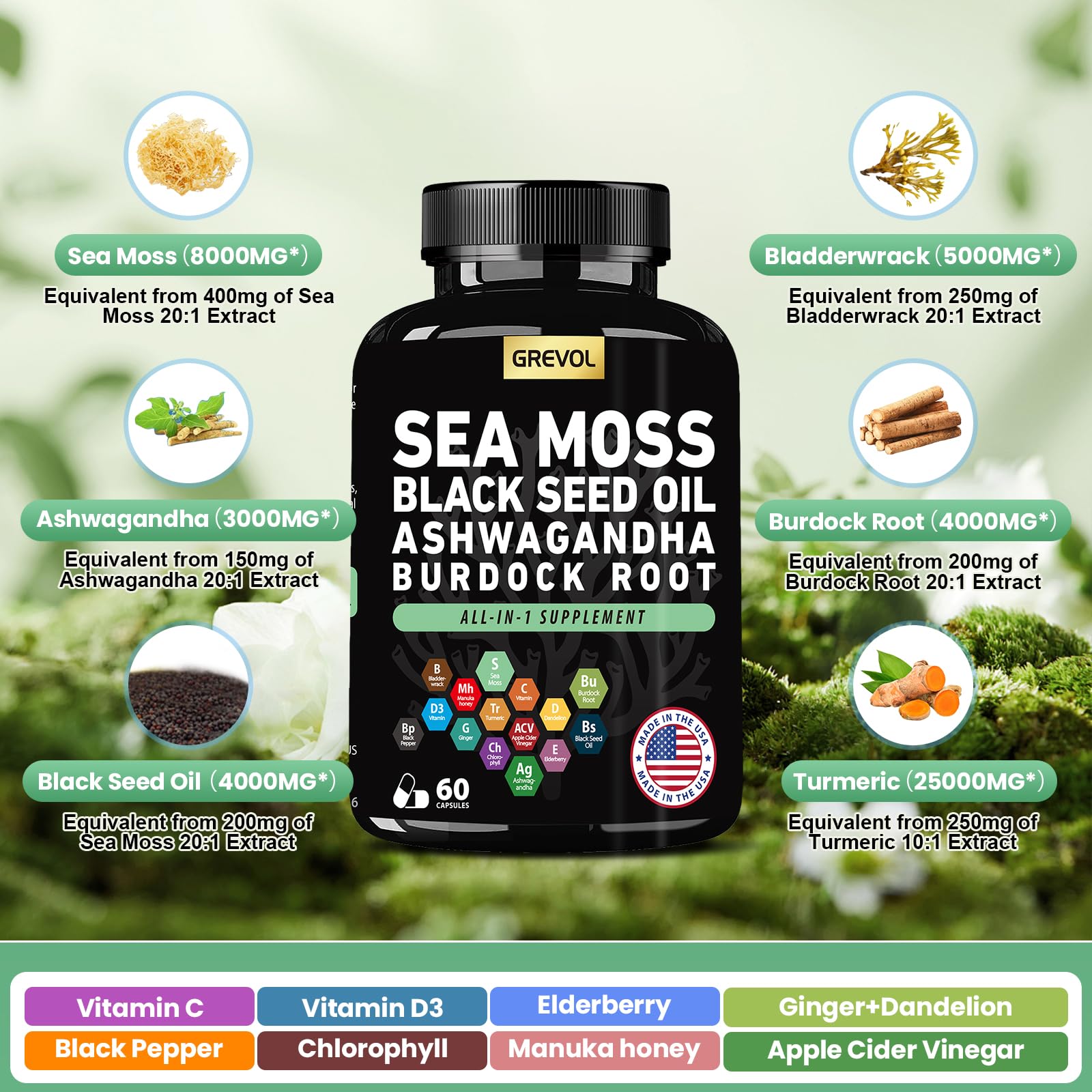 Sea Moss Black Seed Oil Ashwagandha Bladderwrack Burdock Root Turmeric & Vitamin C D3 Elderberry ACV Black Pepper - Multimineral Supplement - 60 Count - dailyvitalstore