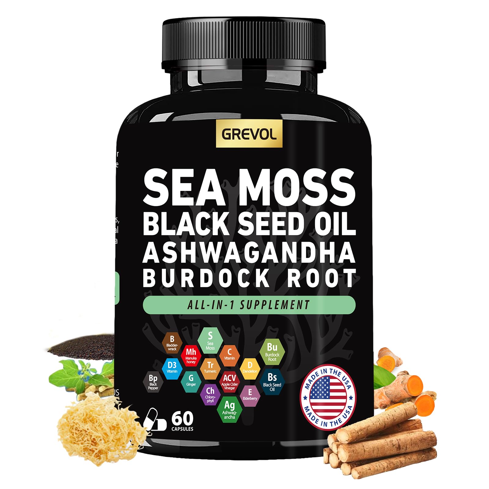 Sea Moss Black Seed Oil Ashwagandha Bladderwrack Burdock Root Turmeric & Vitamin C D3 Elderberry ACV Black Pepper - Multimineral Supplement - 60 Count - dailyvitalstore
