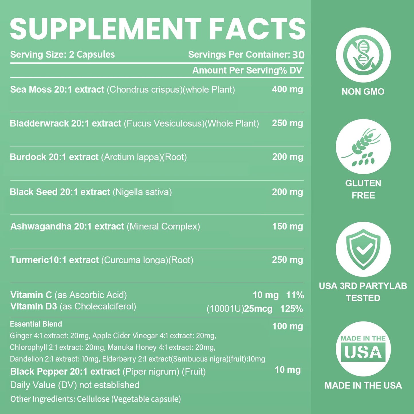 Sea Moss Black Seed Oil Ashwagandha Bladderwrack Burdock Root Turmeric & Vitamin C D3 Elderberry ACV Black Pepper - Multimineral Supplement - 60 Count - dailyvitalstore