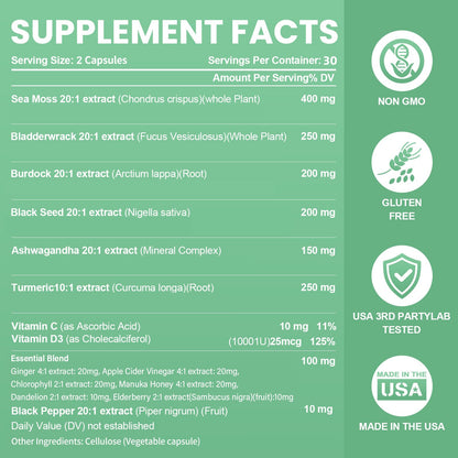 Sea Moss Black Seed Oil Ashwagandha Bladderwrack Burdock Root Turmeric & Vitamin C D3 Elderberry ACV Black Pepper - Multimineral Supplement - 60 Count - dailyvitalstore