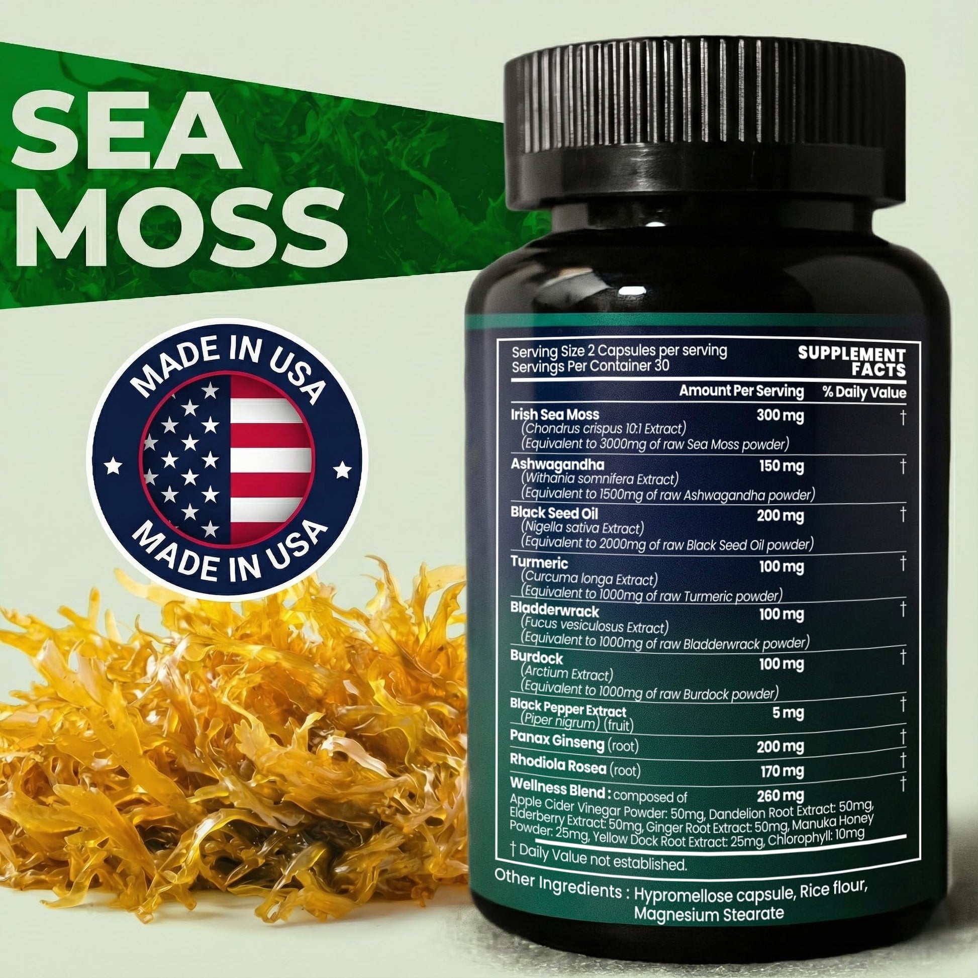 Sea Moss Black Seed Oil Ashwagandha Ginger - Advanced Irish Sea Moss Capsules All in One Supplement with Seamoss Black Seed Oil Ashwagandha Burdock Root Bladderwrack - Pills for Energy, Immune, Gut - dailyvitalstore