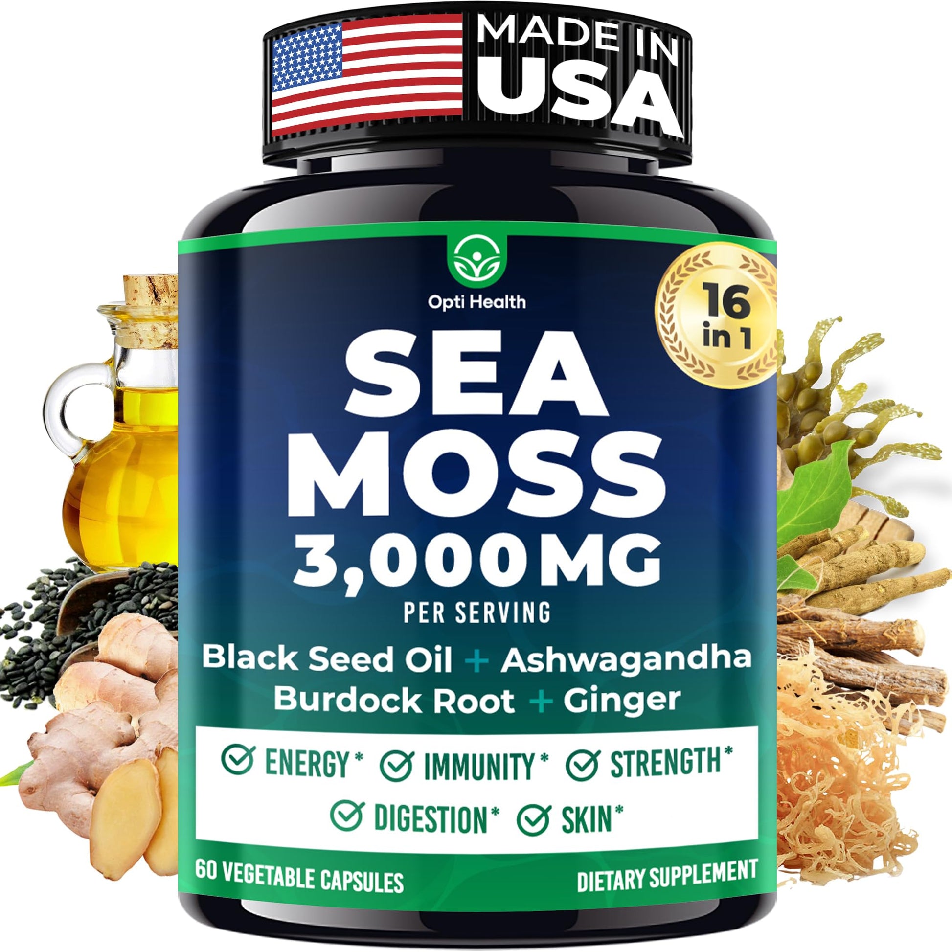 Sea Moss Black Seed Oil Ashwagandha Ginger - Advanced Irish Sea Moss Capsules All in One Supplement with Seamoss Black Seed Oil Ashwagandha Burdock Root Bladderwrack - Pills for Energy, Immune, Gut - dailyvitalstore
