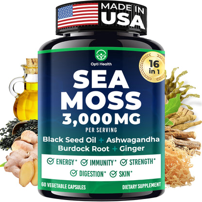 Sea Moss Black Seed Oil Ashwagandha Ginger - Advanced Irish Sea Moss Capsules All in One Supplement with Seamoss Black Seed Oil Ashwagandha Burdock Root Bladderwrack - Pills for Energy, Immune, Gut - dailyvitalstore