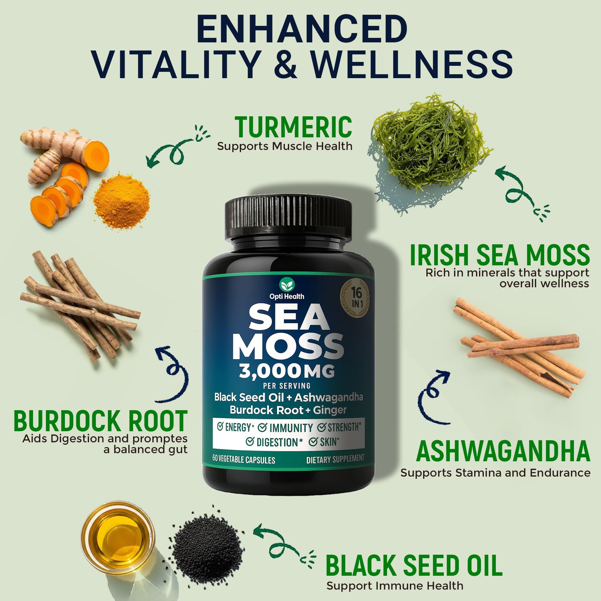 Sea Moss Black Seed Oil Ashwagandha Ginger - Advanced Irish Sea Moss Capsules All in One Supplement with Seamoss Black Seed Oil Ashwagandha Burdock Root Bladderwrack - Pills for Energy, Immune, Gut - dailyvitalstore
