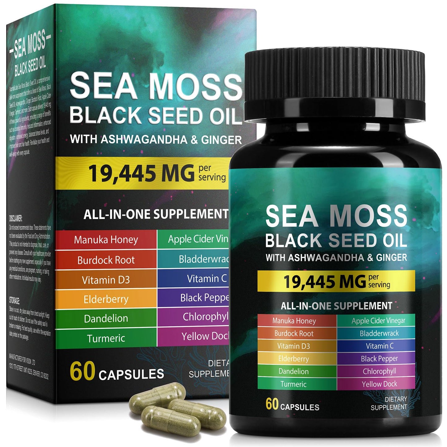 Sea Moss Black Seed Oil Ashwagandha Ginger Capsules, Seamoss Capsules Supplement with Bladderwrack Burdock & Vitamin C Vitamin D3 for Women & Men-Enhanced Immunity,60 Counts - dailyvitalstore
