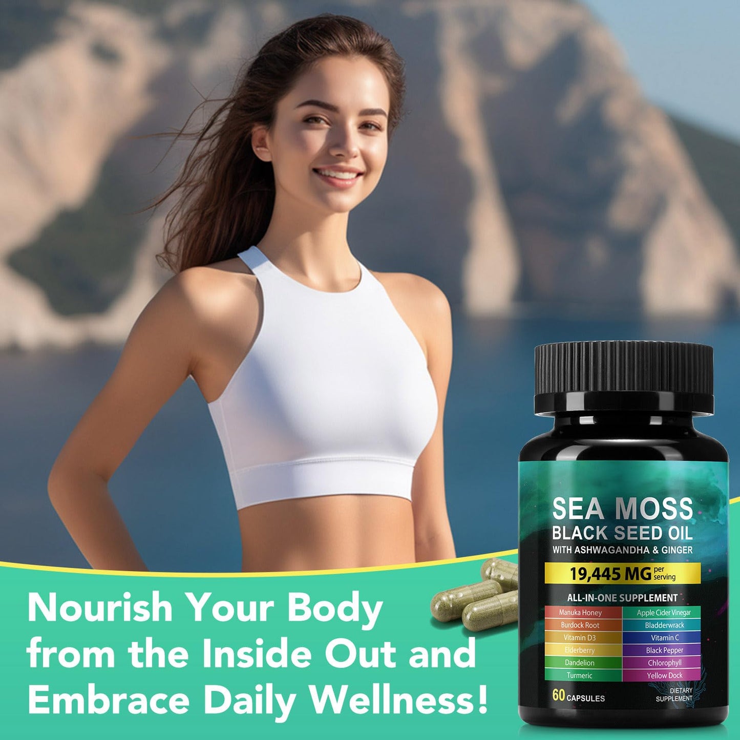 Sea Moss Black Seed Oil Ashwagandha Ginger Capsules, Seamoss Capsules Supplement with Bladderwrack Burdock & Vitamin C Vitamin D3 for Women & Men-Enhanced Immunity,60 Counts - dailyvitalstore