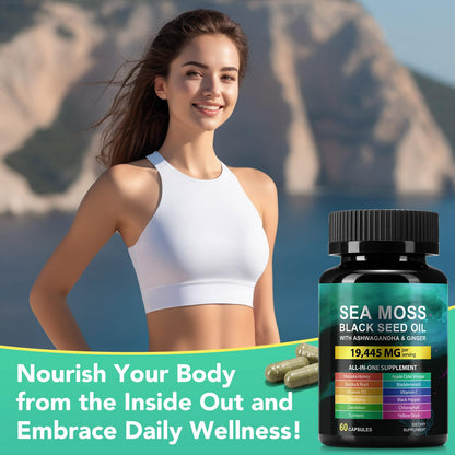Sea Moss Black Seed Oil Ashwagandha Ginger Capsules, Seamoss Capsules Supplement with Bladderwrack Burdock & Vitamin C Vitamin D3 for Women & Men-Enhanced Immunity,60 Counts - dailyvitalstore