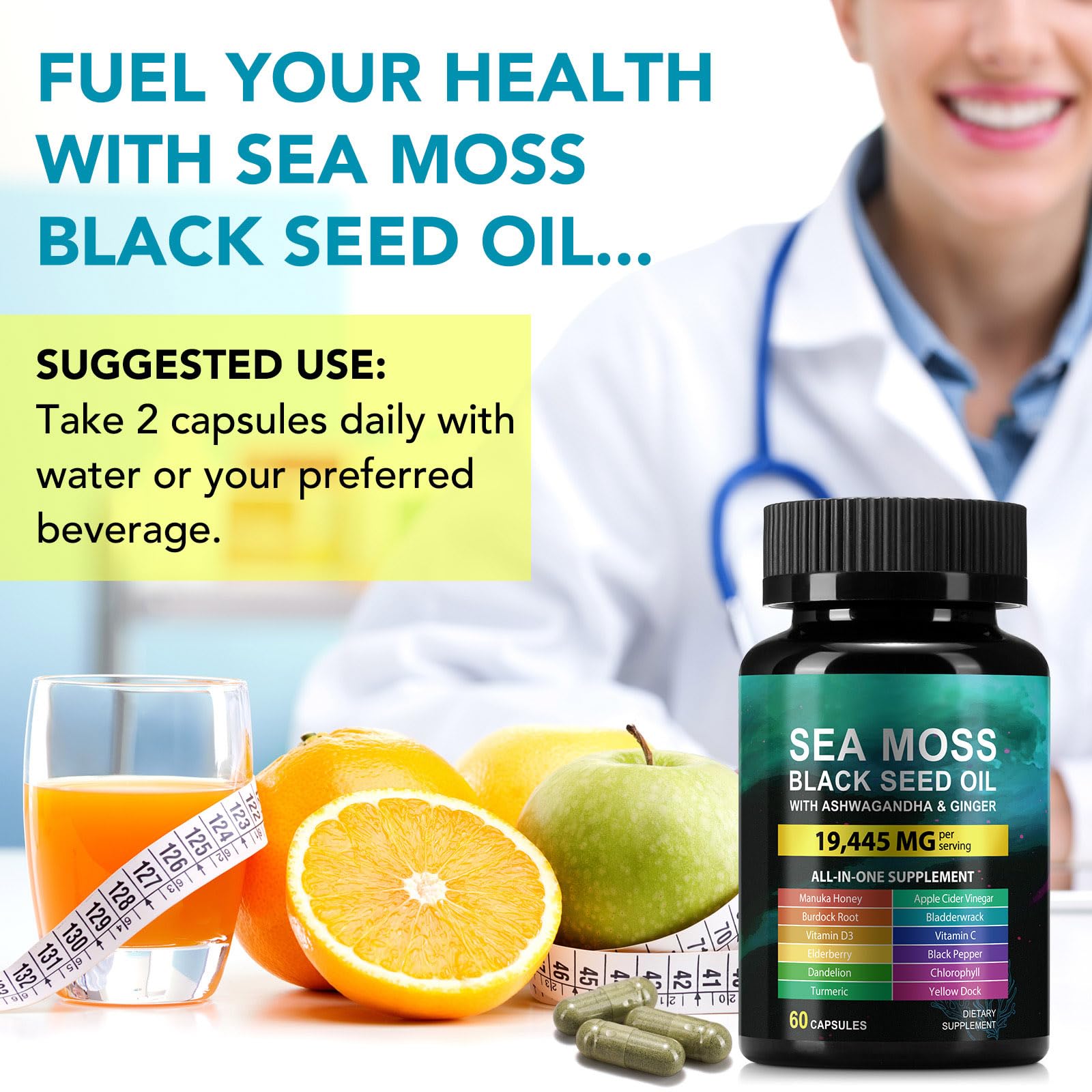 Sea Moss Black Seed Oil Ashwagandha Ginger Capsules, Seamoss Capsules Supplement with Bladderwrack Burdock & Vitamin C Vitamin D3 for Women & Men-Enhanced Immunity,60 Counts - dailyvitalstore