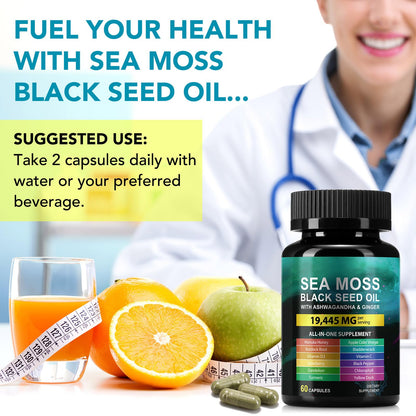 Sea Moss Black Seed Oil Ashwagandha Ginger Capsules, Seamoss Capsules Supplement with Bladderwrack Burdock & Vitamin C Vitamin D3 for Women & Men-Enhanced Immunity,60 Counts - dailyvitalstore