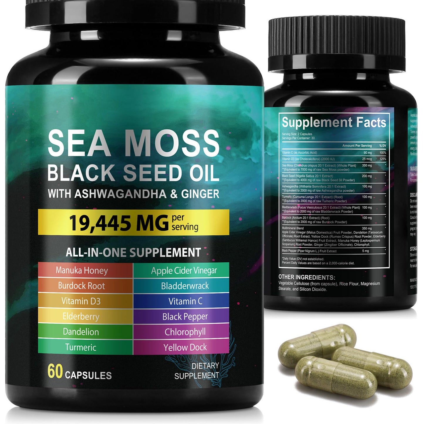 Sea Moss Black Seed Oil Ashwagandha Ginger Capsules, Seamoss Capsules Supplement with Bladderwrack Burdock & Vitamin C Vitamin D3 for Women & Men-Enhanced Immunity,60 Counts - dailyvitalstore