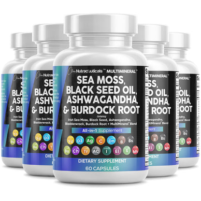 Sea Moss Black Seed Oil Ashwagandha Turmeric Bladderwrack Burdock & Vitamin C Vitamin D3 with Elderberry Manuka Dandelion Yellow Dock Iodine Chlorophyll ACV - 5Pack - dailyvitalstore