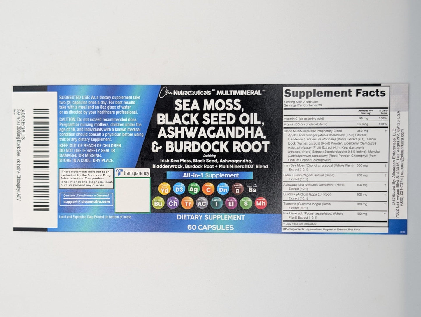 Sea Moss Black Seed Oil Ashwagandha Turmeric Bladderwrack Burdock & Vitamin C Vitamin D3 with Elderberry Manuka Dandelion Yellow Dock Iodine Chlorophyll ACV - 5Pack - dailyvitalstore