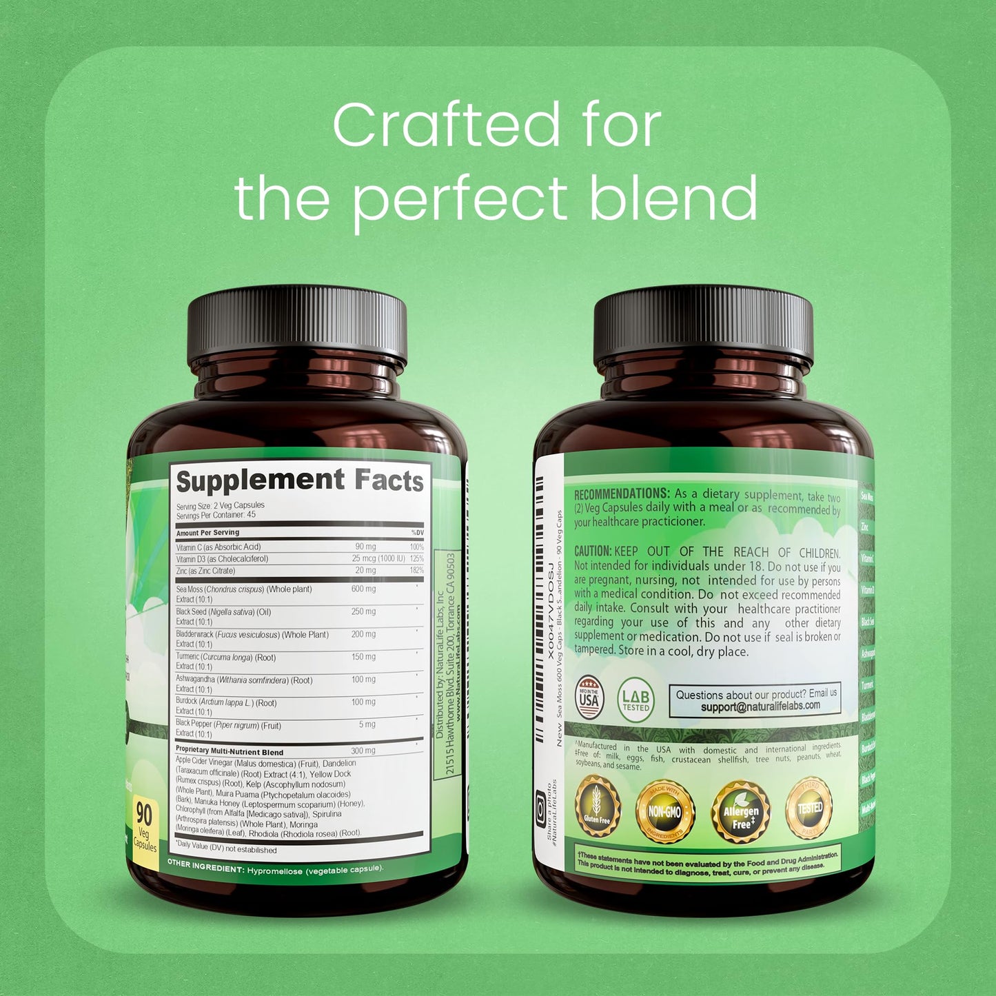 Sea Moss, Black Seed Oil, Bladderwrack, Turmeric, Ashwagandha, Burdock, Vitamin C, D3, Yellow Dock Root, Manuka, Dandelion - 90 Veggie caps - dailyvitalstore
