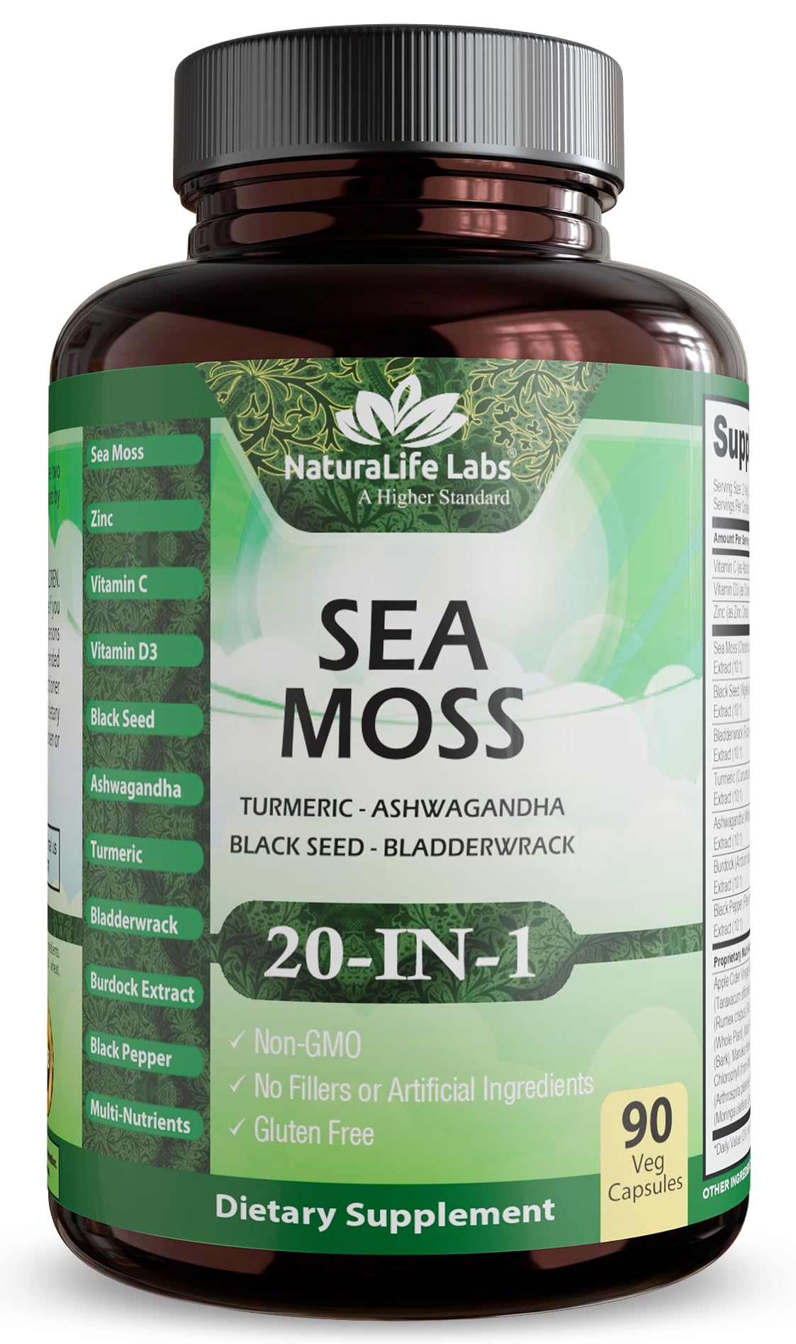 Sea Moss, Black Seed Oil, Bladderwrack, Turmeric, Ashwagandha, Burdock, Vitamin C, D3, Yellow Dock Root, Manuka, Dandelion - 90 Veggie caps - dailyvitalstore