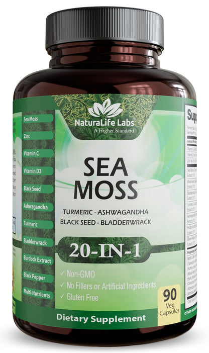 Sea Moss, Black Seed Oil, Bladderwrack, Turmeric, Ashwagandha, Burdock, Vitamin C, D3, Yellow Dock Root, Manuka, Dandelion - 90 Veggie caps - dailyvitalstore