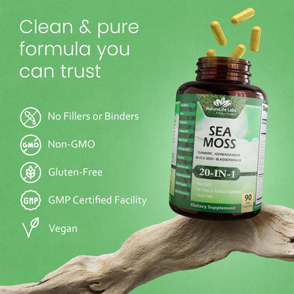 Sea Moss, Black Seed Oil, Bladderwrack, Turmeric, Ashwagandha, Burdock, Vitamin C, D3, Yellow Dock Root, Manuka, Dandelion - 90 Veggie caps - dailyvitalstore
