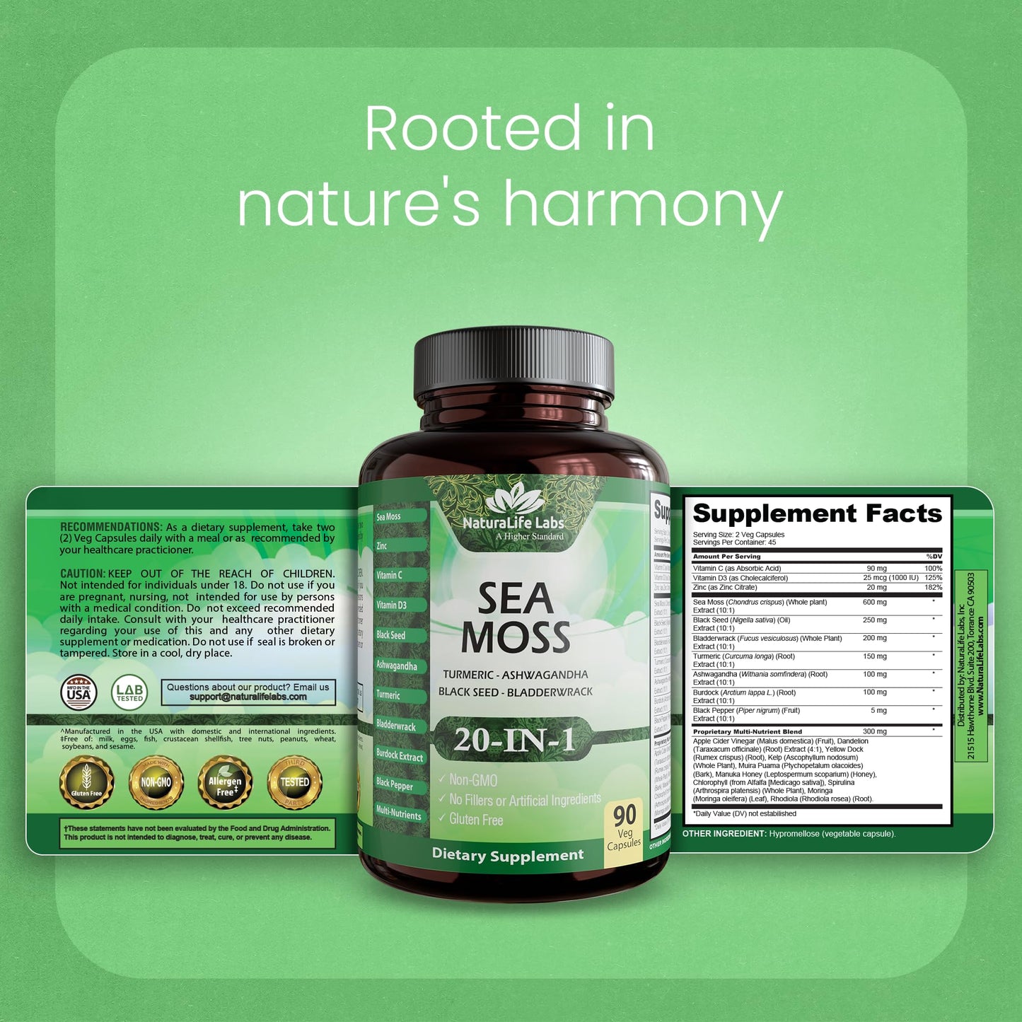 Sea Moss, Black Seed Oil, Bladderwrack, Turmeric, Ashwagandha, Burdock, Vitamin C, D3, Yellow Dock Root, Manuka, Dandelion - 90 Veggie caps - dailyvitalstore