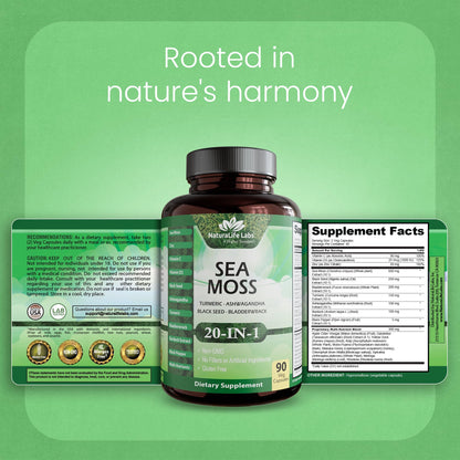Sea Moss, Black Seed Oil, Bladderwrack, Turmeric, Ashwagandha, Burdock, Vitamin C, D3, Yellow Dock Root, Manuka, Dandelion - 90 Veggie caps - dailyvitalstore
