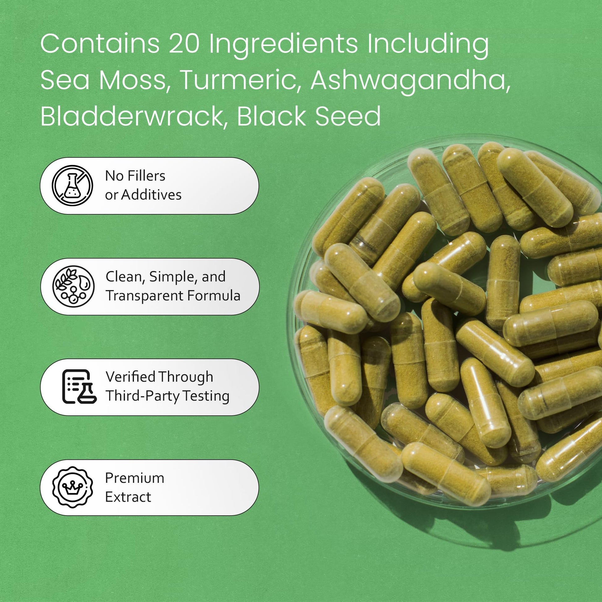 Sea Moss, Black Seed Oil, Bladderwrack, Turmeric, Ashwagandha, Burdock, Vitamin C, D3, Yellow Dock Root, Manuka, Dandelion - 90 Veggie caps - dailyvitalstore