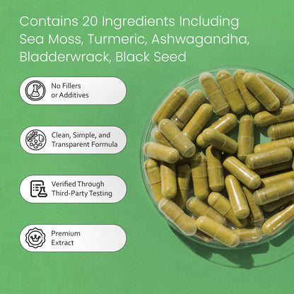 Sea Moss, Black Seed Oil, Bladderwrack, Turmeric, Ashwagandha, Burdock, Vitamin C, D3, Yellow Dock Root, Manuka, Dandelion - 90 Veggie caps - dailyvitalstore