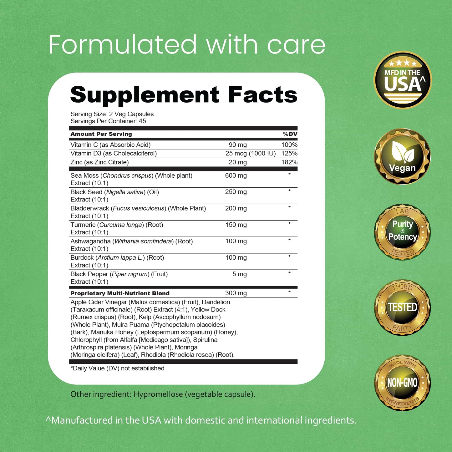 Sea Moss, Black Seed Oil, Bladderwrack, Turmeric, Ashwagandha, Burdock, Vitamin C, D3, Yellow Dock Root, Manuka, Dandelion - 90 Veggie caps - dailyvitalstore