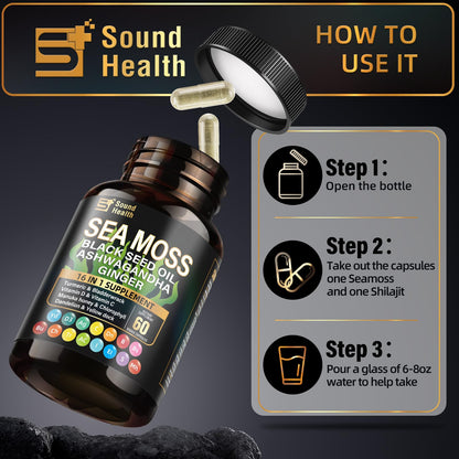 Sea Moss Capsules with Ashwagandha, Turmeric, Bladderwrack, Vitamins C & D for Natural Energy, Sleep Support & Hair Growth, 1200mg Herbal Blend, for Man & Women, Third-Party Tested，16-in-1 Supplement - dailyvitalstore