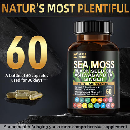 Sea Moss Capsules with Ashwagandha, Turmeric, Bladderwrack, Vitamins C & D for Natural Energy, Sleep Support & Hair Growth, 1200mg Herbal Blend, for Man & Women, Third-Party Tested，16-in-1 Supplement - dailyvitalstore