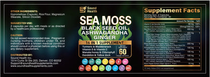 Sea Moss Capsules with Ashwagandha, Turmeric, Bladderwrack, Vitamins C & D for Natural Energy, Sleep Support & Hair Growth, 1200mg Herbal Blend, for Man & Women, Third-Party Tested，16-in-1 Supplement - dailyvitalstore