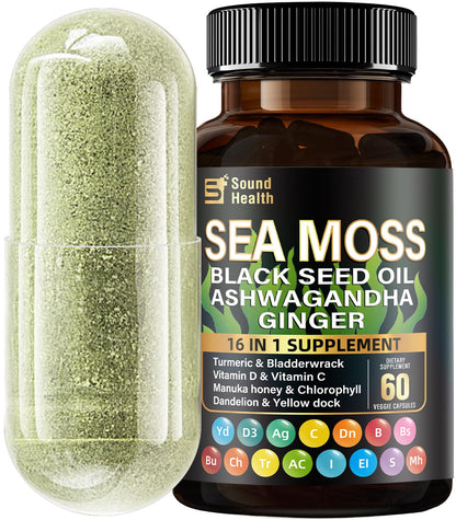 Sea Moss Capsules with Ashwagandha, Turmeric, Bladderwrack, Vitamins C & D for Natural Energy, Sleep Support & Hair Growth, 1200mg Herbal Blend, for Man & Women, Third-Party Tested，16-in-1 Supplement - dailyvitalstore