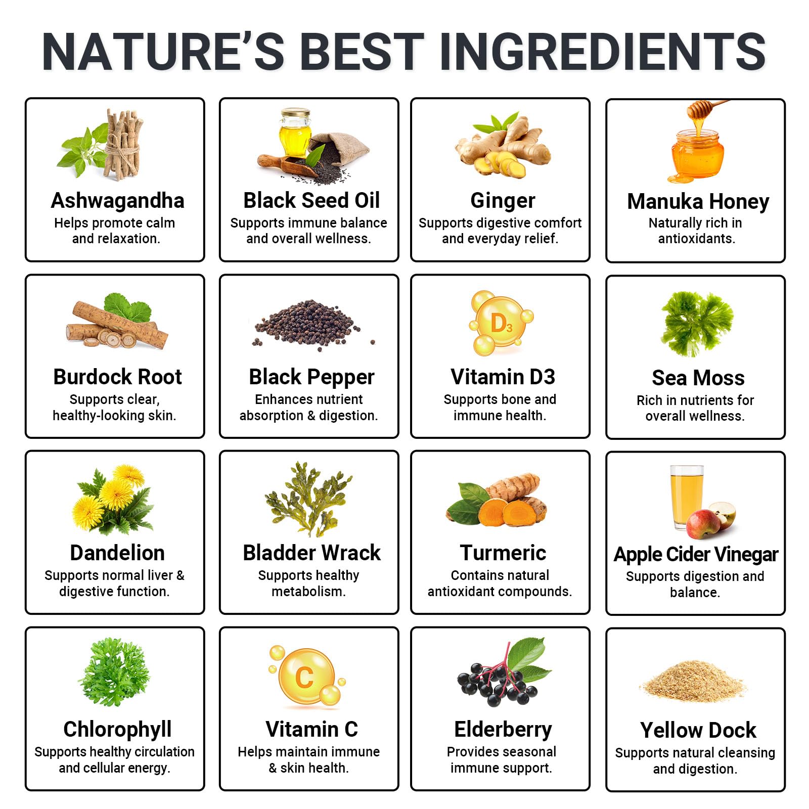 Sea Moss Gummies 16-in-1 - Ashwagandha Black Seed Oil Bladder Wrack Turmeric Vitamin C & D3 with Manuka Burdock Root Dandelion Yellow Dock Natural Detox & Liver Health Immune Support, Energy Boost - dailyvitalstore